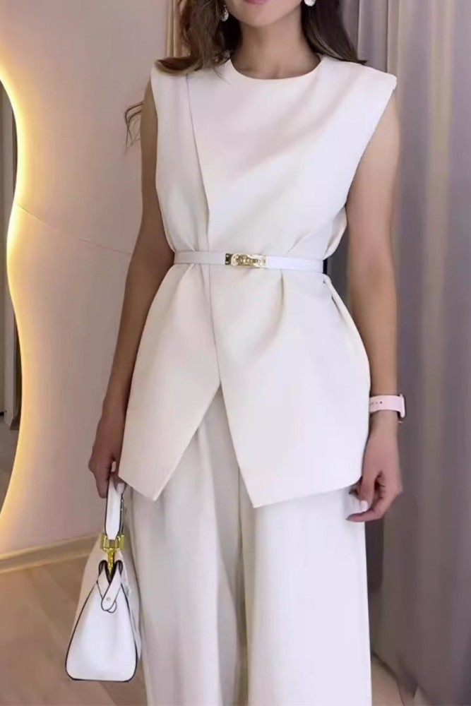 Women's Tops Solid Color Round Neck Sleeveless Belt Pocket Straight Leg Wide Leg Pants Set