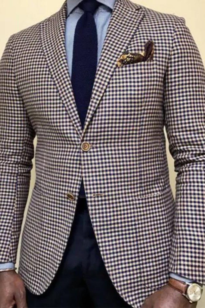 Men's Checkered Print Blazer With Pockets, Casual Two Button Lapel Suit Jacket For Spring Fall Business Banquets, Parties