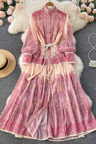 Fashion Stand Collar Lantern Sleeve Printed Loose Elegant Bohemian Style Long Dress