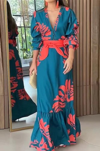 Elegant Temperament Bohemian Fashion Plant Flower Print V-neck Long Sleeve Casual Vacation Long Dress