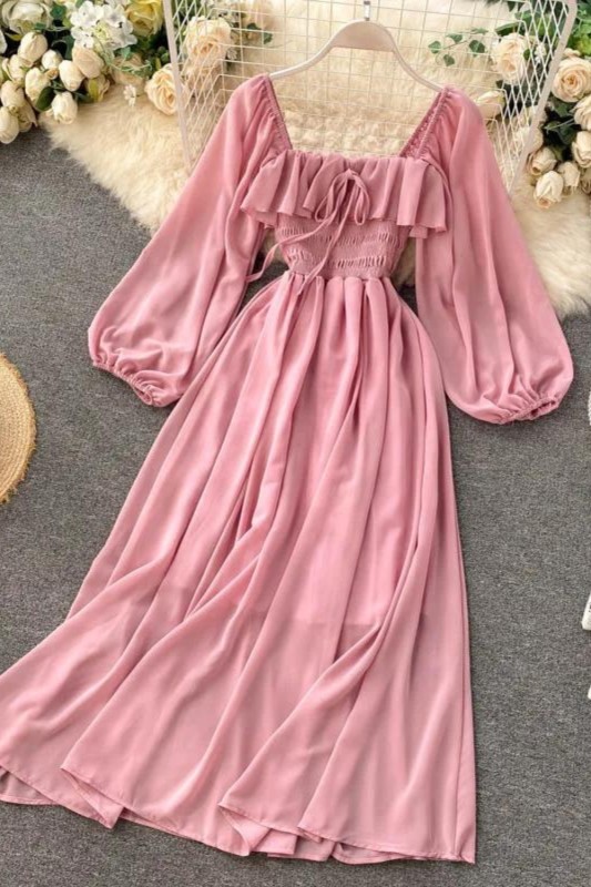 Women's Chic Elegant Square Neck Solid Color Chiffon Puff Sleeve Fashion Retro Ruffle Dress