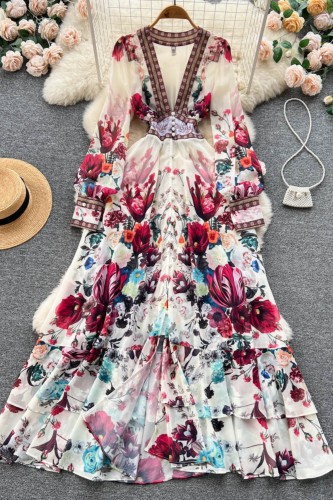 Fashion French Palace Style Temperament Chiffon Mesh Swing A-line Printed  Maxi Dresses