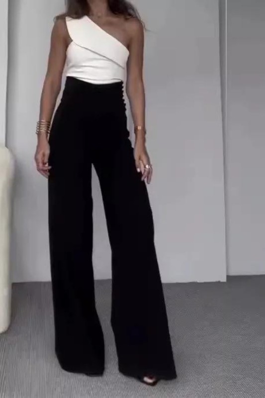 Fashion One Shoulder Slant Collar Slim Fit Top High Waist Wide Leg Pants Color Block Suit