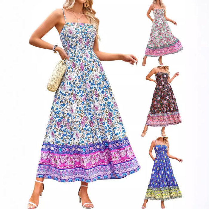 Women's Fashion Sleeveless Vintage Floral Bohemian Sexy Adjustable Straps with Pockets