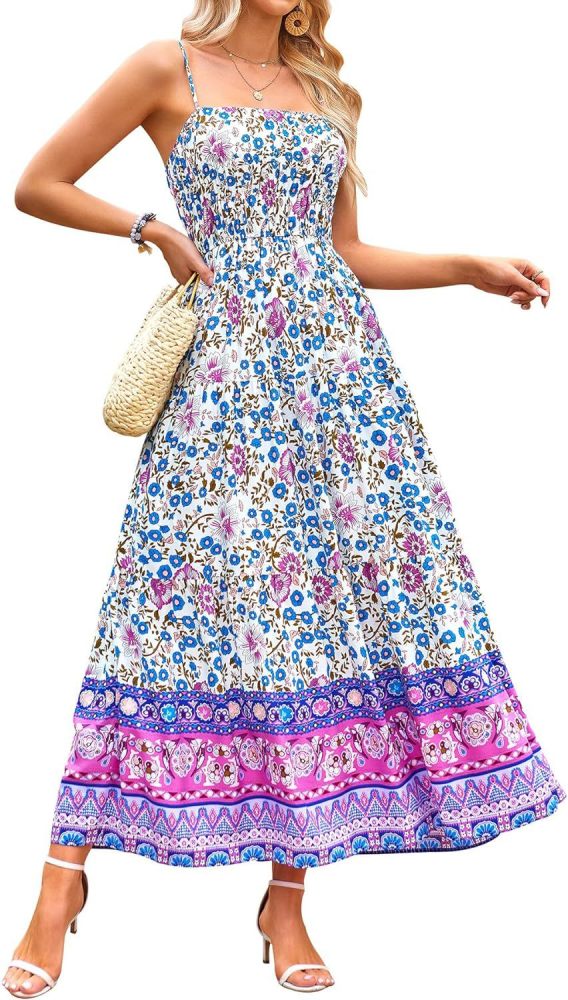 Women's Fashion Sleeveless Vintage Floral Bohemian Sexy Adjustable Straps with Pockets