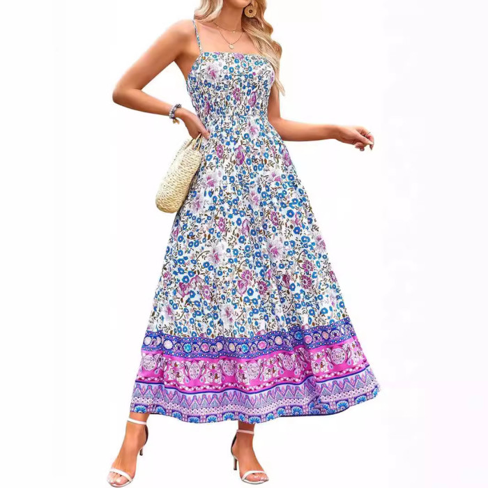 Women's Fashion Sleeveless Vintage Floral Bohemian Sexy Adjustable Straps with Pockets