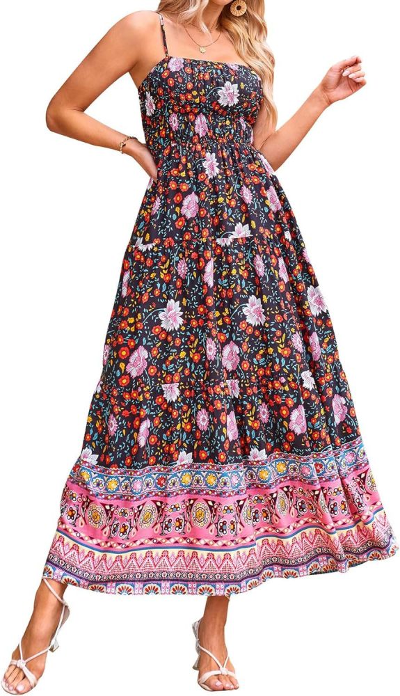 Women's Fashion Sleeveless Vintage Floral Bohemian Sexy Adjustable Straps with Pockets