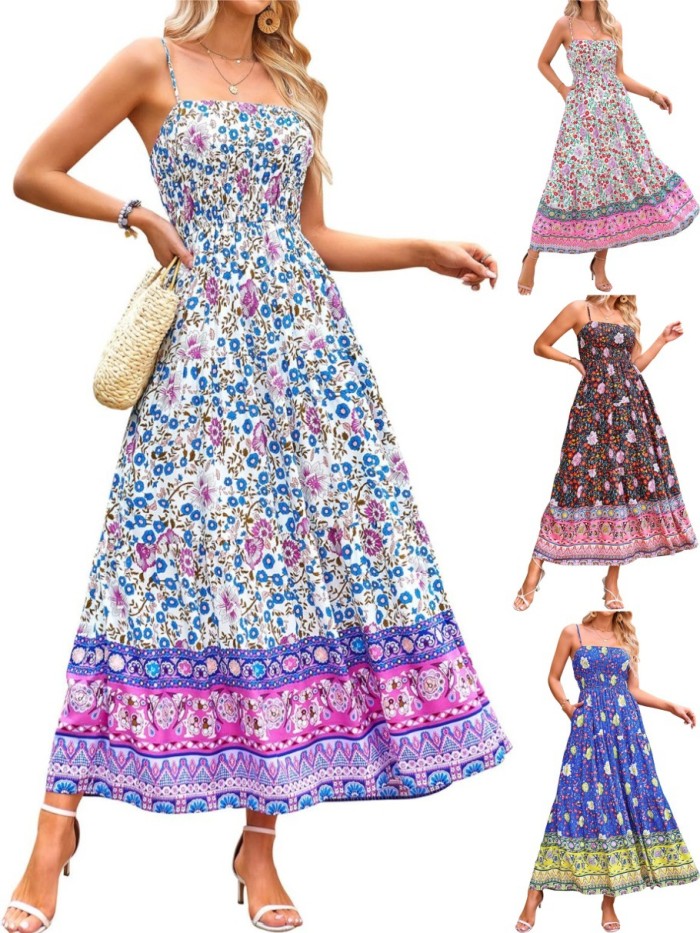 Women's Fashion Sleeveless Vintage Floral Bohemian Sexy Adjustable Straps with Pockets