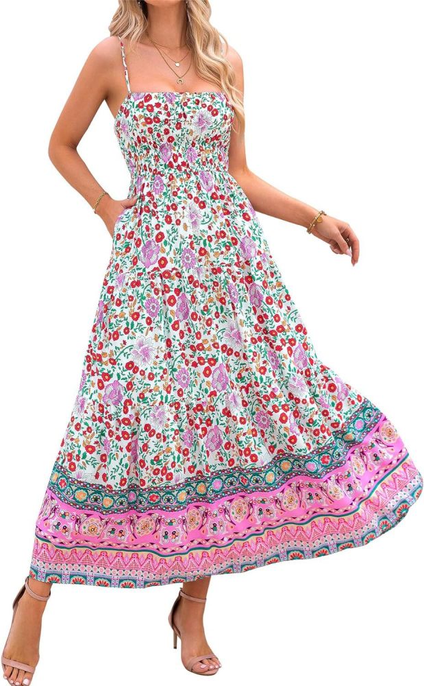 Women's Fashion Sleeveless Vintage Floral Bohemian Sexy Adjustable Straps with Pockets