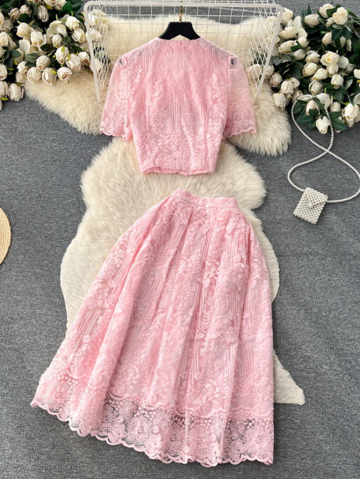 Small Fragrance Style Lace Set Two Piece Suit Lace Hook Flower Shirt Tops Midi Skirt Women's Outfits