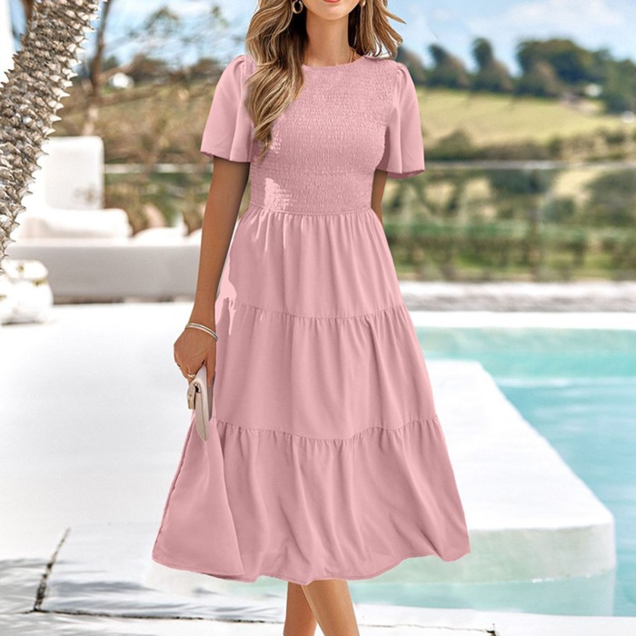 Casual Flowy Short Sleeve V Neck Ruched Elastic Waist Layered Midi Dress
