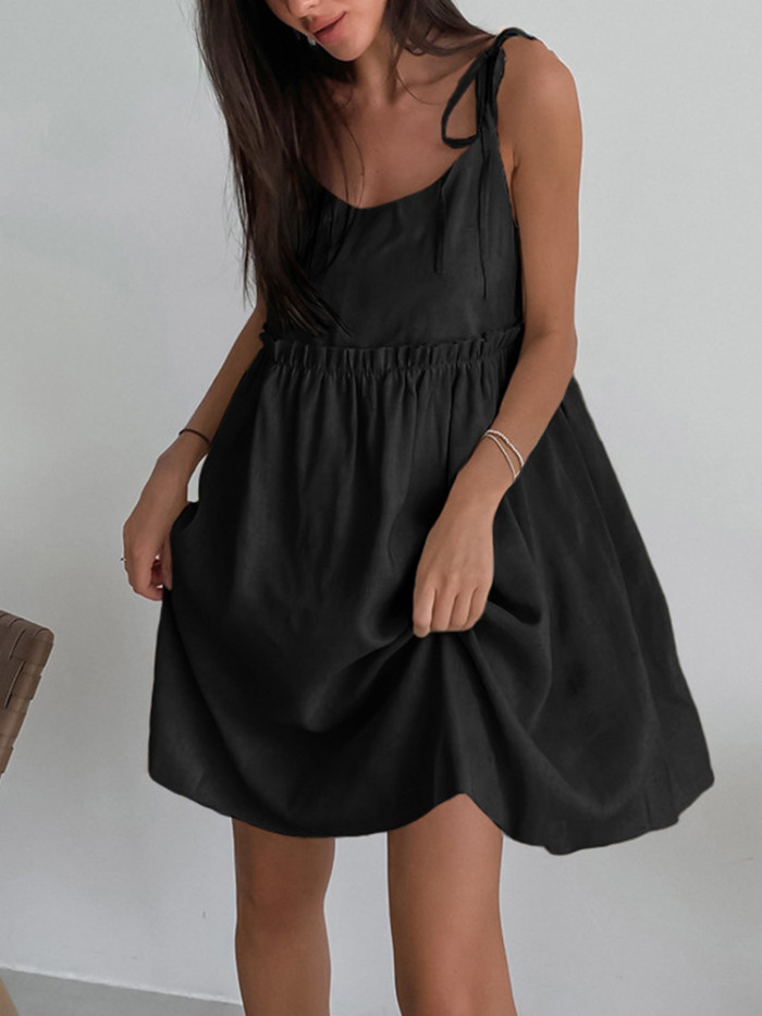 Summer Linen Elegant Spaghetti Straps A-Line Loose Fashion Ruffle Lace-Up Sexy Dresses