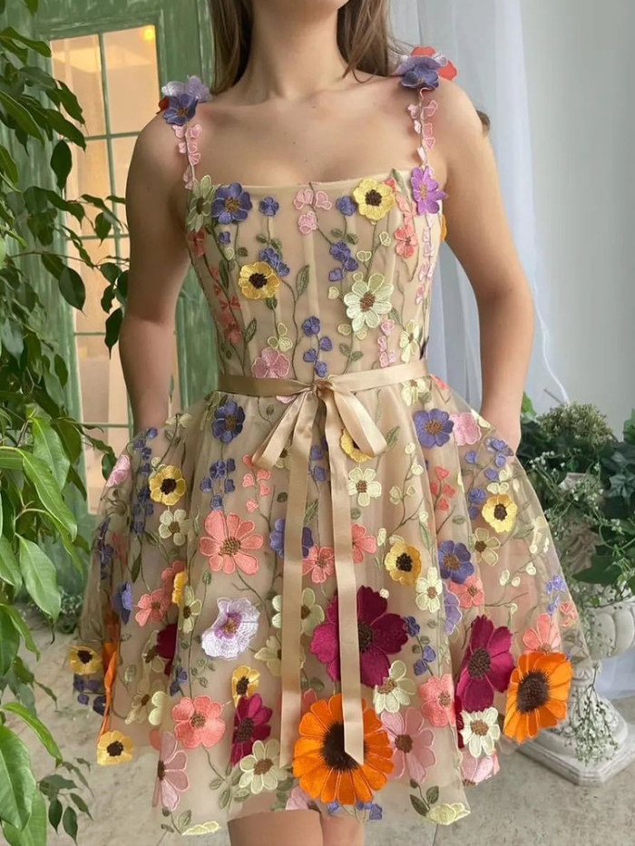 3D Floral Embroidery Sexy Elegant Chic Evening  Backless Spaghetti Strap  Mini Dresses