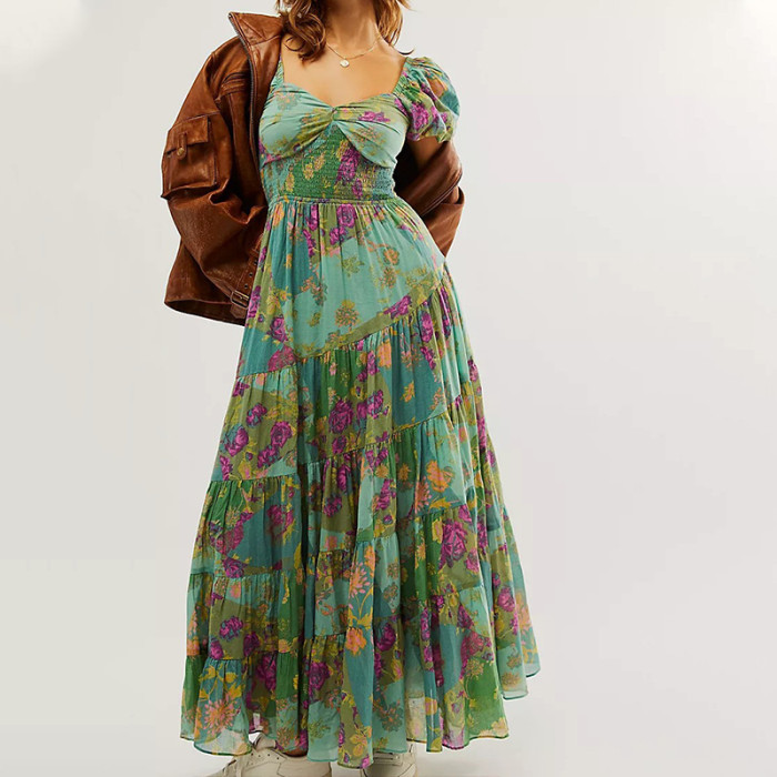 Women's Bohemian Retro Floral Print Puff Sleeves Ruffled Sexy Backless Ruffle Dress