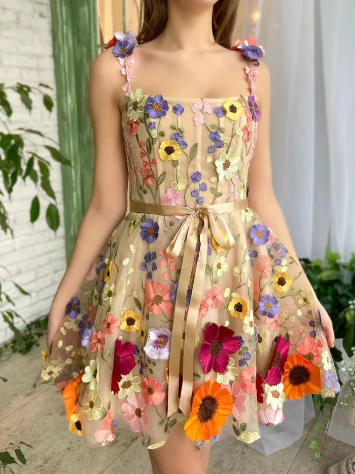 3D Floral Embroidery Sexy Elegant Chic Evening  Backless Spaghetti Strap  Mini Dresses