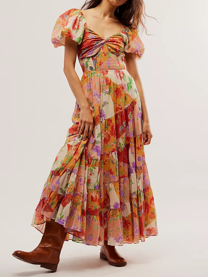 Women's Bohemian Retro Floral Print Puff Sleeves Ruffled Sexy Backless Ruffle Dress