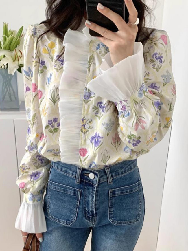 Floral Casual Long Sleeve French Elegant Ruffle Collar Top Vintage Single Breasted Shirt