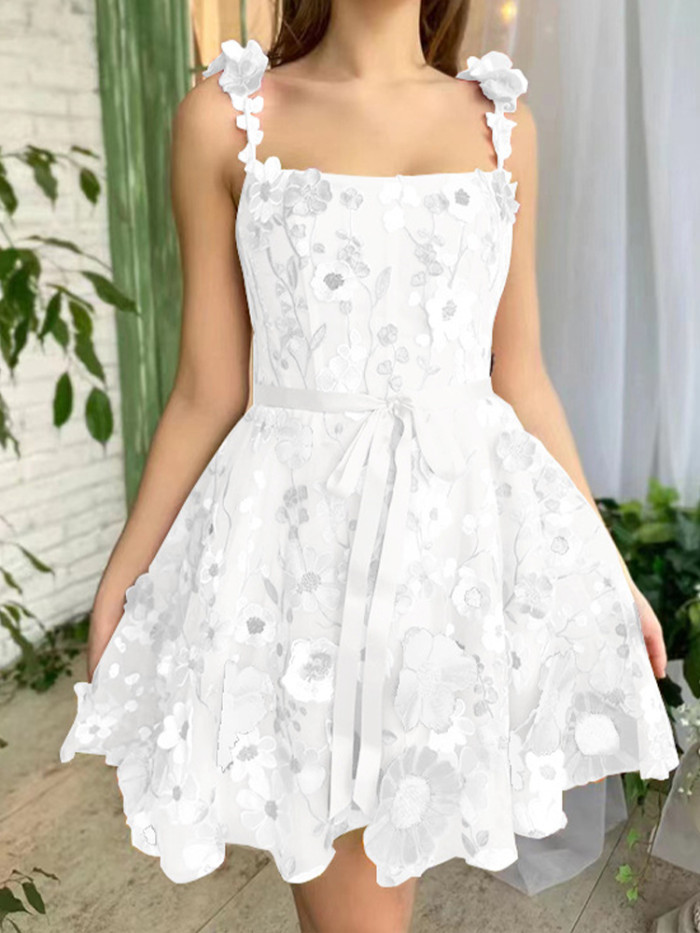 3D Floral Embroidery Sexy Elegant Chic Evening  Backless Spaghetti Strap  Mini Dresses