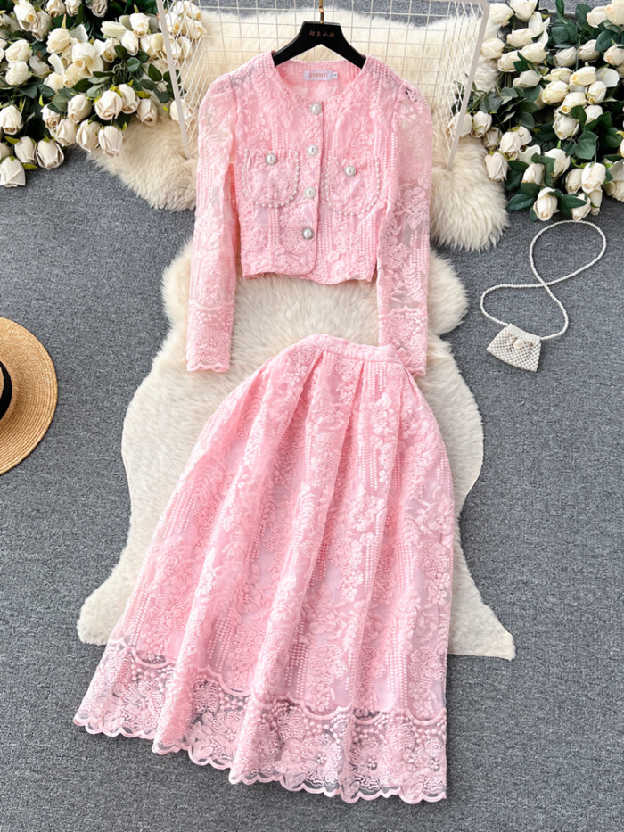 Small Fragrance Style Lace Set Two Piece Suit Lace Hook Flower Shirt Tops Midi Skirt Women's Outfits