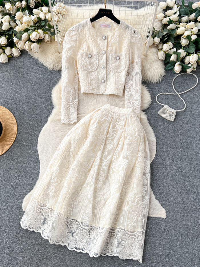 Small Fragrance Style Lace Set Two Piece Suit Lace Hook Flower Shirt Tops Midi Skirt Women's Outfits