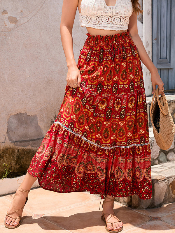 Bohemian Vintage Floral Print Casual High Waist Pleated Skirt