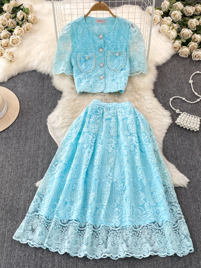 Small Fragrance Style Lace Set Two Piece Suit Lace Hook Flower Shirt Tops Midi Skirt Women's Outfits