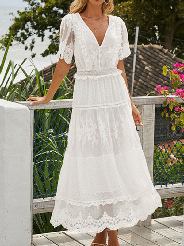 Fashion White Hollow Elegant V Neck Short Sleeve Lace Dress