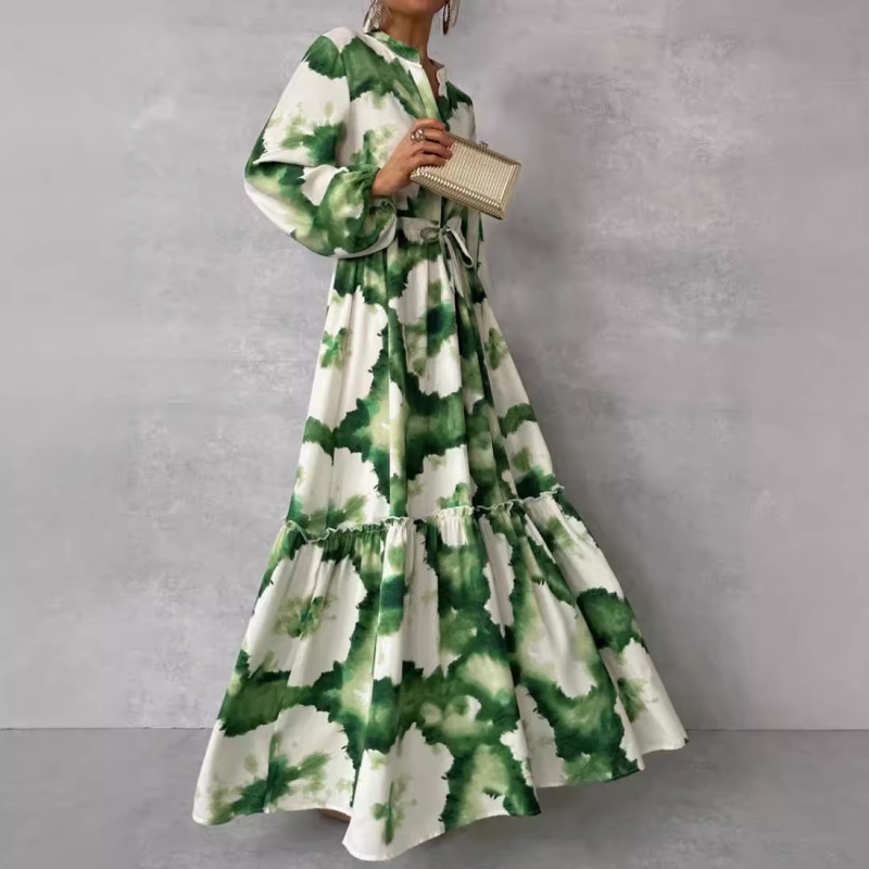 Womens Fashion Bohemian Party Elegant Waist Adjustment Printed Long Dress