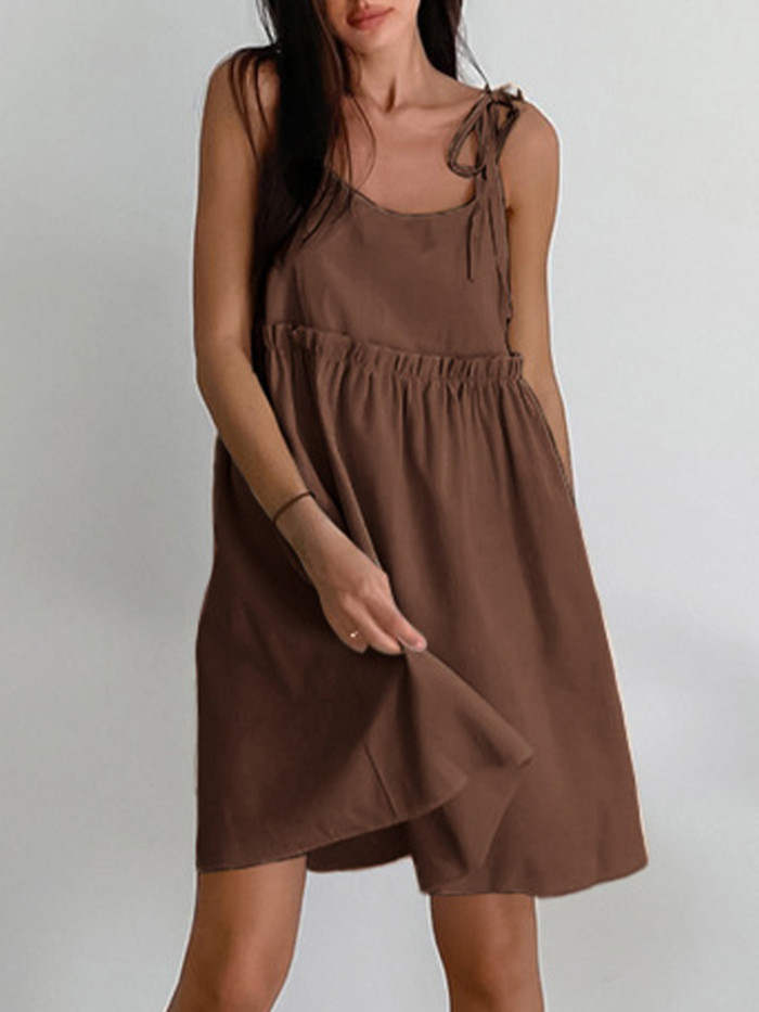 Summer Linen Elegant Spaghetti Straps A-Line Loose Fashion Ruffle Lace-Up Sexy Dresses