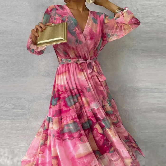 Elegant V Neck Pleated Printing Wedding Up Long Office A-Line Boho Maxi Dresses