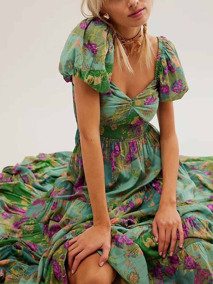 Women's Bohemian Retro Floral Print Puff Sleeves Ruffled Sexy Backless Ruffle Dress