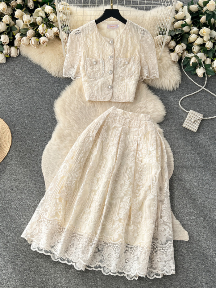 Small Fragrance Style Lace Set Two Piece Suit Lace Hook Flower Shirt Tops Midi Skirt Women's Outfits
