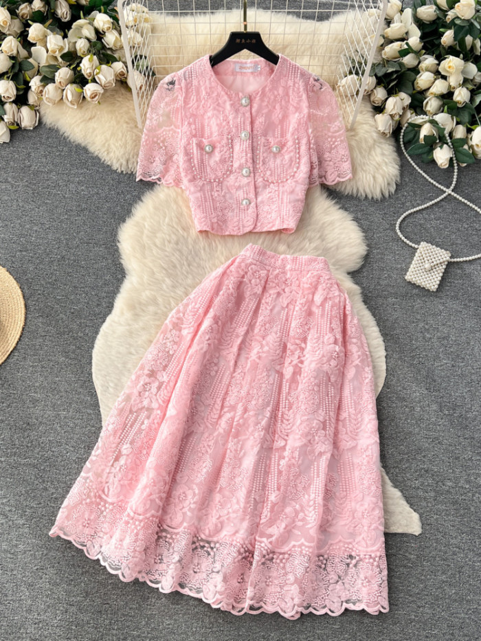 Small Fragrance Style Lace Set Two Piece Suit Lace Hook Flower Shirt Tops Midi Skirt Women's Outfits