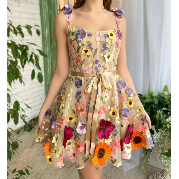 3D Floral Embroidery Sexy Elegant Chic Evening  Backless Spaghetti Strap  Mini Dresses