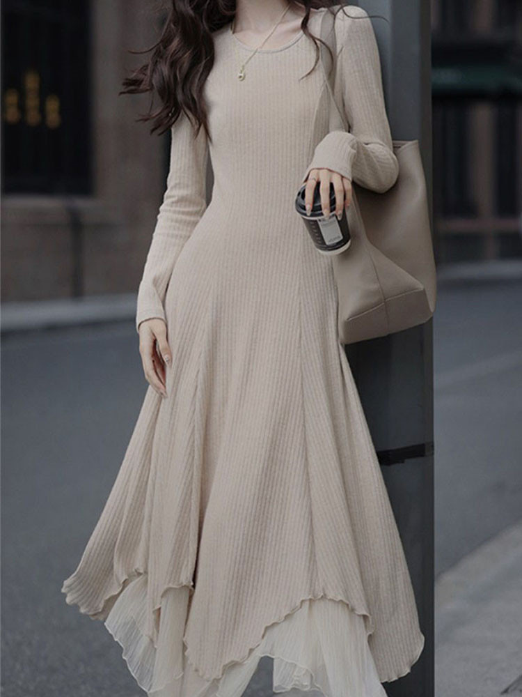 Irregular Wavy Edge Knitted Sleeveless Long Dress
