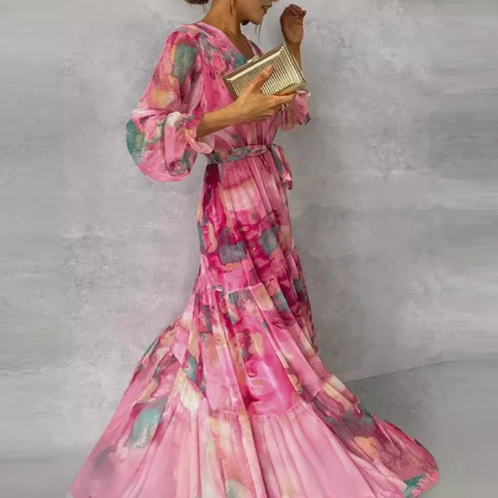 Elegant V Neck Pleated Printing Wedding Up Long Office A-Line Boho Maxi Dresses