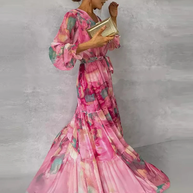 Elegant V Neck Pleated Printing Wedding Up Long Office A-Line Boho Maxi Dresses