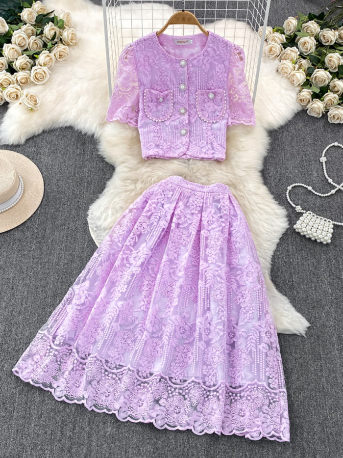 Small Fragrance Style Lace Set Two Piece Suit Lace Hook Flower Shirt Tops Midi Skirt Women's Outfits