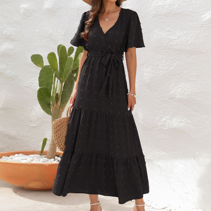 Summer Elegant Jacquard Dress Female Boho Beach Loose Lace Up Maxi Dress