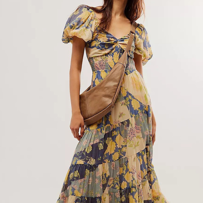 Women's Bohemian Retro Floral Print Puff Sleeves Ruffled Sexy Backless Ruffle Dress