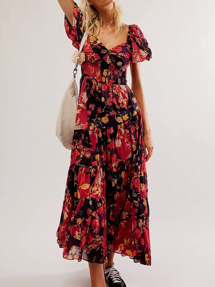 Women's Bohemian Retro Floral Print Puff Sleeves Ruffled Sexy Backless Ruffle Dress