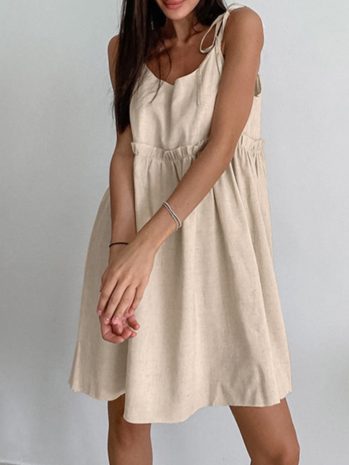 Summer Linen Elegant Spaghetti Straps A-Line Loose Fashion Ruffle Lace-Up Sexy Dresses