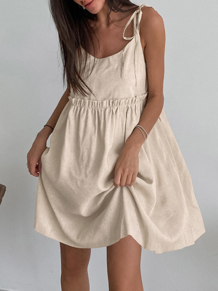 Summer Linen Elegant Spaghetti Straps A-Line Loose Fashion Ruffle Lace-Up Sexy Dresses