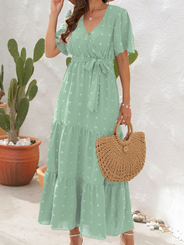 Summer Elegant Jacquard Dress Female Boho Beach Loose Lace Up Maxi Dress