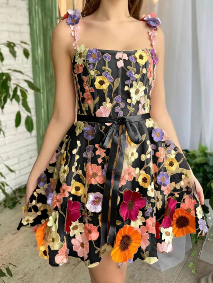 3D Floral Embroidery Sexy Elegant Chic Evening  Backless Spaghetti Strap  Mini Dresses