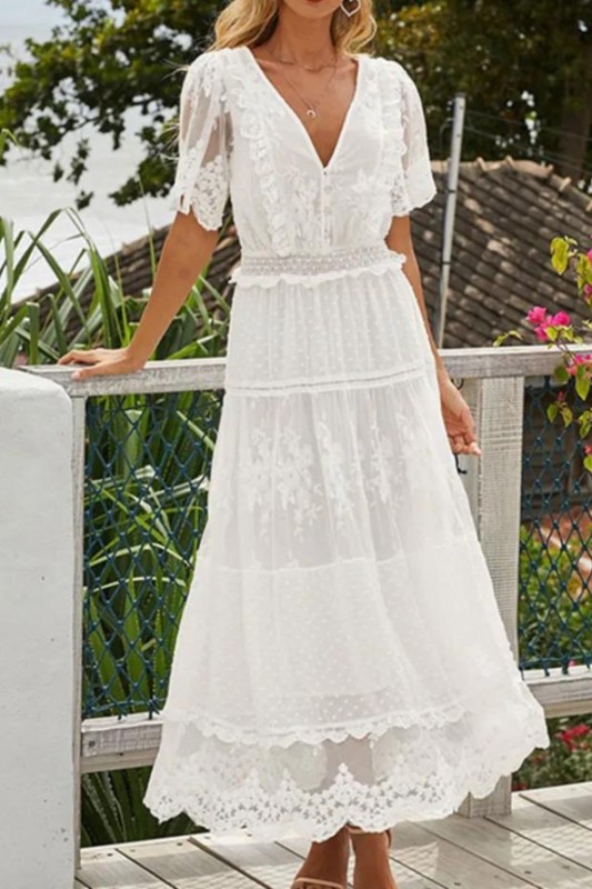 Fashion White Hollow Elegant V Neck Short Sleeve Lace Dress