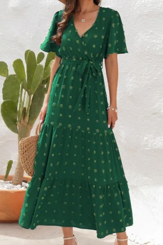 Summer Elegant Jacquard Dress Female Boho Beach Loose Lace Up Maxi Dress