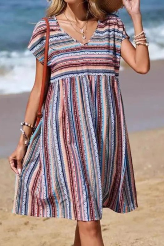 Women's Strip Printing V-neck Batwing Sleeve Dress