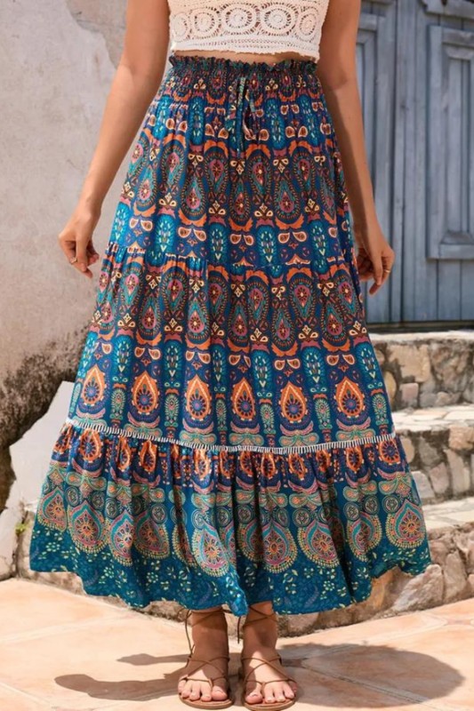 Bohemian Vintage Floral Print Casual High Waist Pleated Skirt