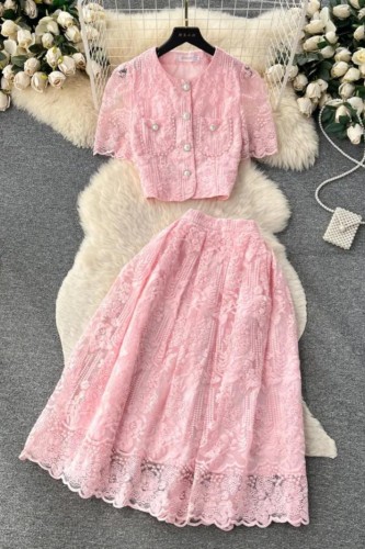 Small Fragrance Style Lace Set Two Piece Suit Lace Hook Flower Shirt Tops Midi Skirt Women's Outfits